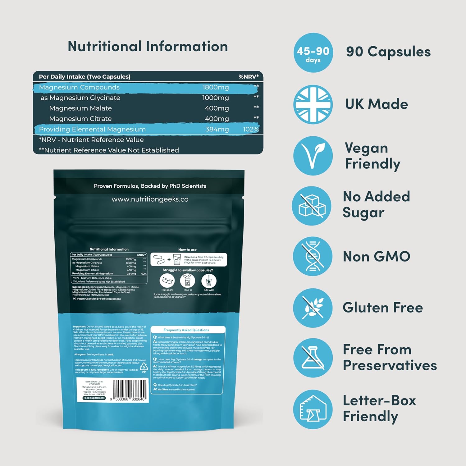 Magnesium Glycinate 3-in-1 Complex - 1800mg Supplements as Bisglycinate, Citrate & Malate 90 Vegan Capsules, Triple High Absorption 384mg Elemental, UK Made  Amazon.co.uk: Health & Personal Care